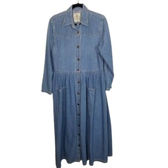 VTG Studio 25 Women's Long Sleeve Denim Maxi Dress Button Front Western Pockets - Picture 1 of 7